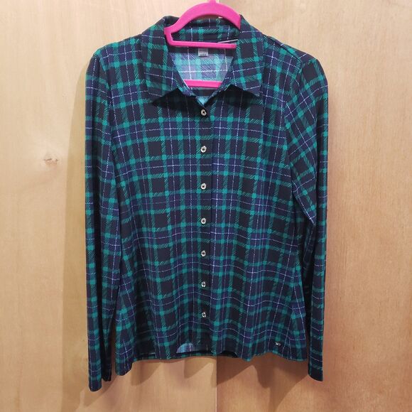 Tommy Hilfiger women's Green Plaid Polyester_spandex Button Down Long Sleeve szM - Picture 1 of 7
